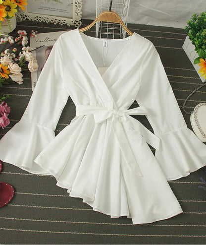 Stylish v-neck irregular top long sleeve flared top  378