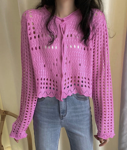 White hollow out long sleeves cropped cardigan  152