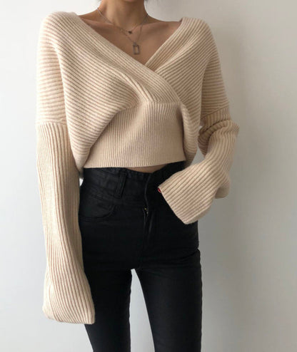 Sweater stylish v-neckline cross long sleeve sweater white  117