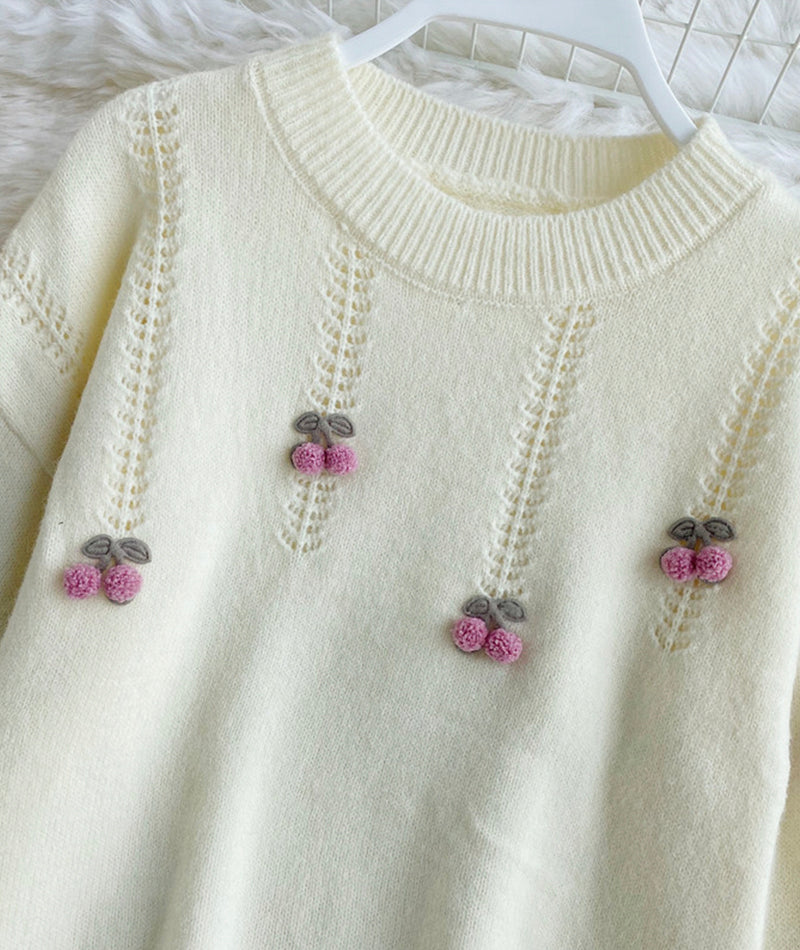 Cute round neck long sleeve sweater cherry sweater  101