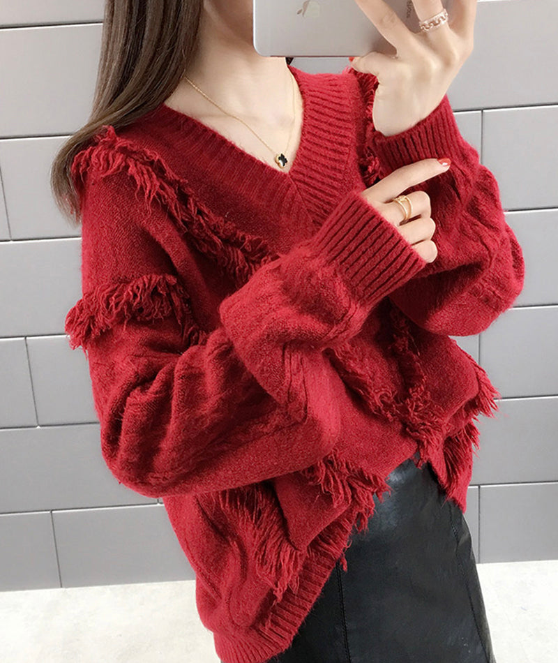Sweet tassel v-neck sweater long sleeve sweater  120