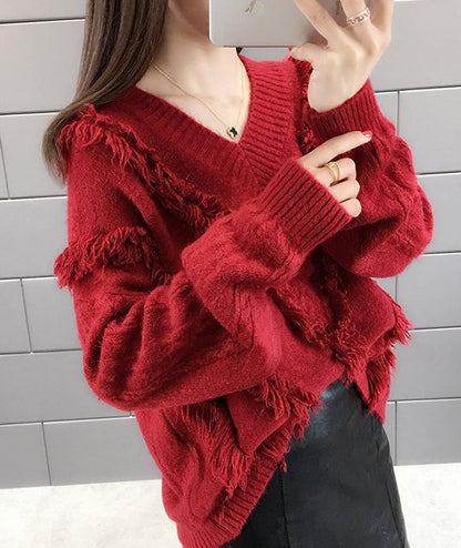 Sweet tassel v-neck sweater long sleeve sweater  120