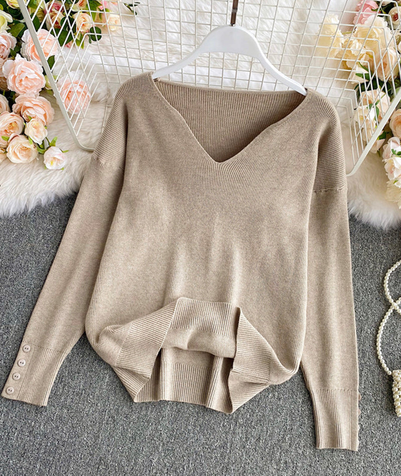 Sweater simple v neck long sleeve sweater  090