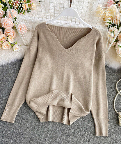 Sweater simple v neck long sleeve sweater  090