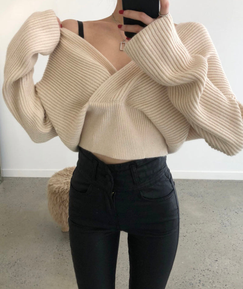 Sweater stylish v-neckline cross long sleeve sweater white  117