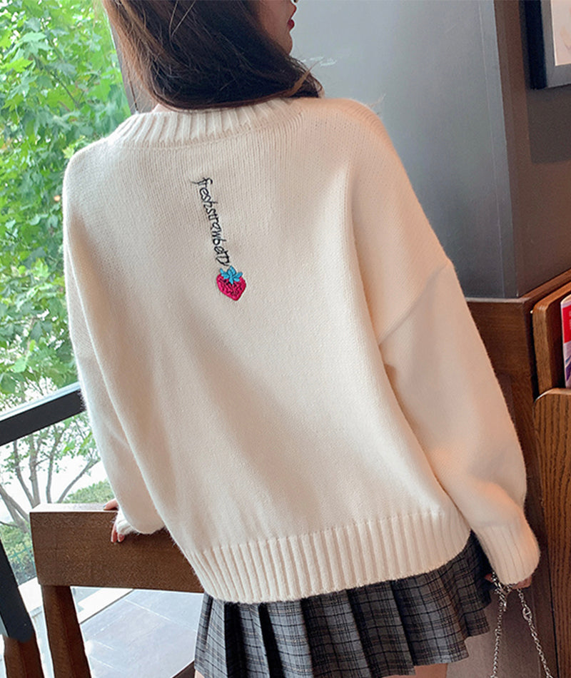 Cute round neck loose sweater strawberry embroidery long sleeve sweater  108
