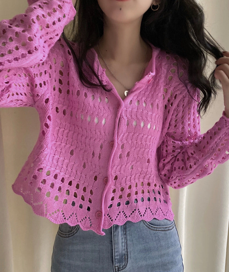 White hollow out long sleeves cropped cardigan  152