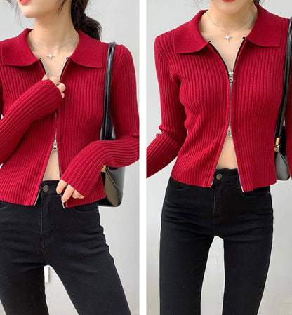 Fashionable zipper long sleeve sweater short cardigan sweater  115