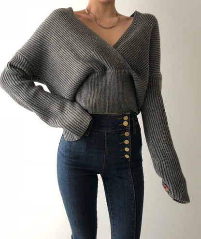 Sweater stylish v-neckline cross long sleeve sweater white  117