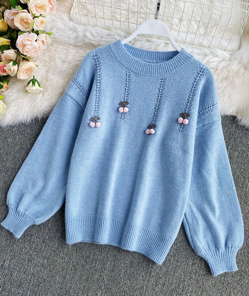 Cute round neck long sleeve sweater cherry sweater  101