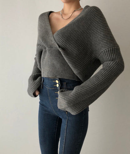 Sweater stylish v-neckline cross long sleeve sweater white  117