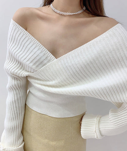 Sexy off-shoulder long-sleeved sweater white sweater  116