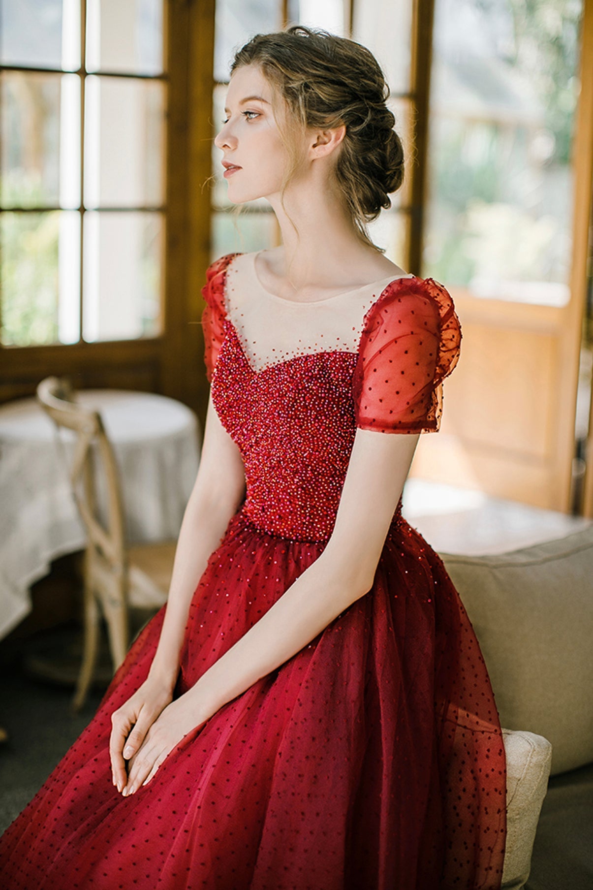 Burgundy Tulle Long Prom Dress with Sequins, A-Line Formal Evening Dress