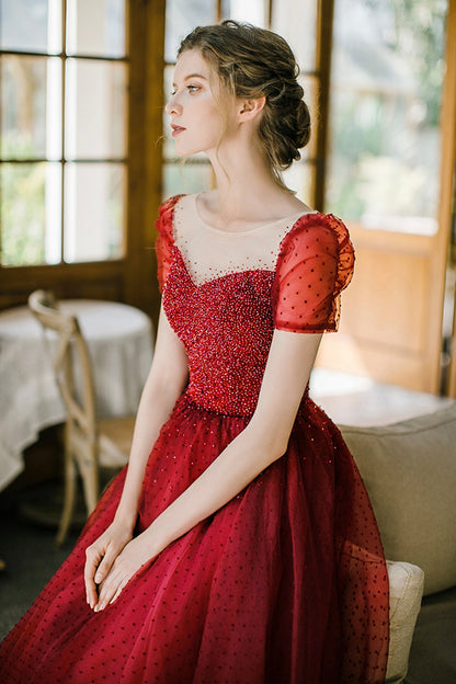 Burgundy Tulle Long Prom Dress with Sequins, A-Line Formal Evening Dress