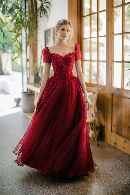 Burgundy Tulle Long Prom Dress with Sequins, A-Line Formal Evening Dress