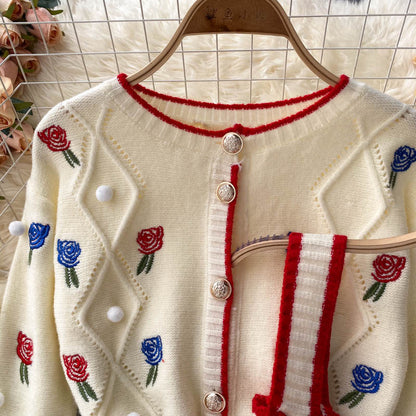 Knit cardigan, vintage, embroider flower, loose long sleeve sweater, short paragraph spaghetti strap top, sweet two sets 1339