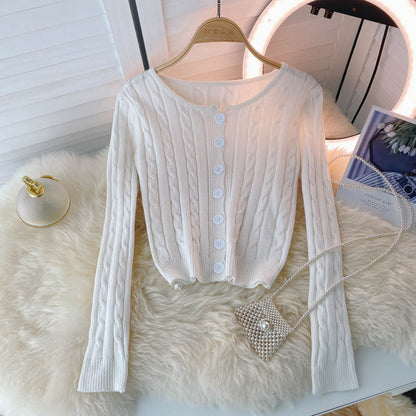 French retro single breasted twist wool sweater long sleeve knitting  1590