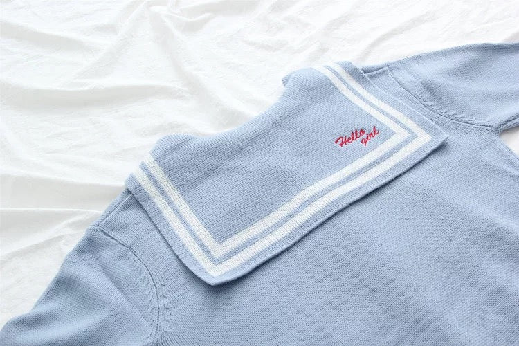 Navy collar long sleeve sweater, student tie bow knit cardigan  1414