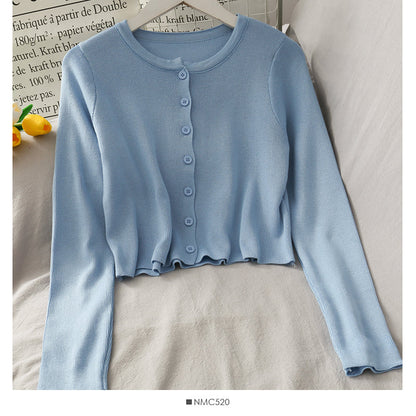 Net red same single breasted short slim fitting long sleeve knitted cardigan  1694