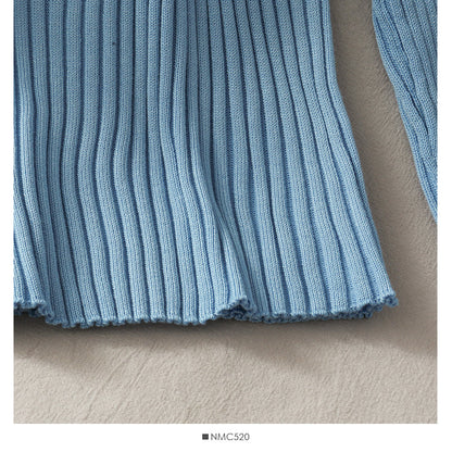 Korean solid color versatile breasted Lapel tight knit women's shirt  1842