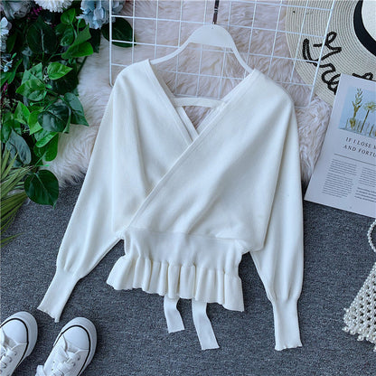 Narrow waist short top with wooden ear edge sweater bottom shirt  1629