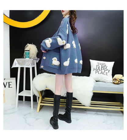 Languid lazy wind sweater , loose sweater of spring and autumn, lovely sheep embroidery cardigan  1459