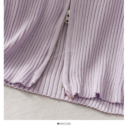 Personalized double zipper tight vertical stripe long sleeve knit  1777