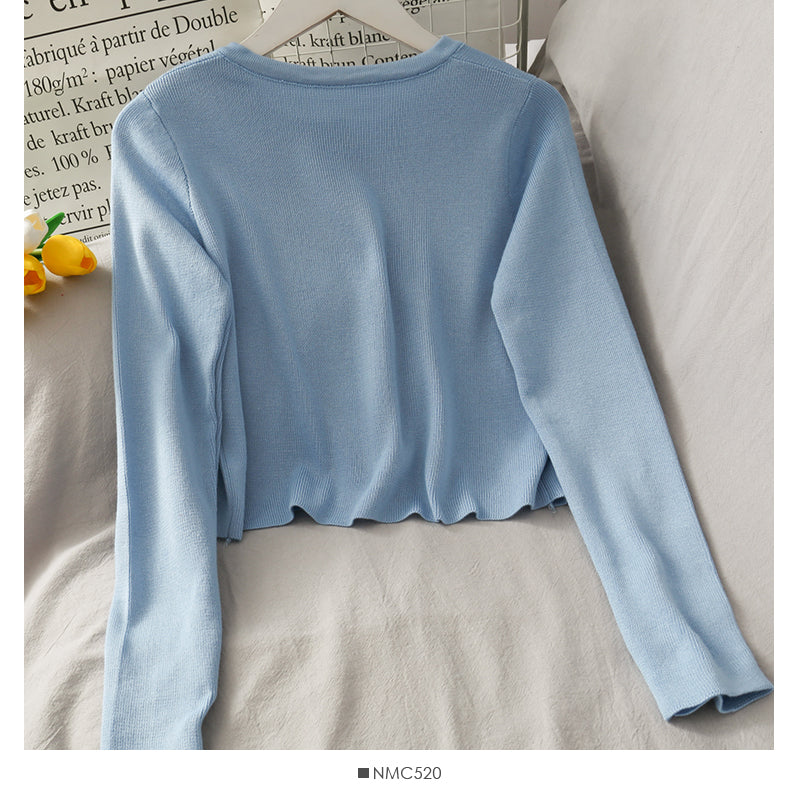 Net red same single breasted short slim fitting long sleeve knitted cardigan  1694