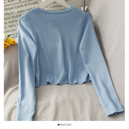 Net red same single breasted short slim fitting long sleeve knitted cardigan  1694