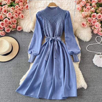 Fake two piece long sleeve knitted stitched corduroy A-line dress  3365