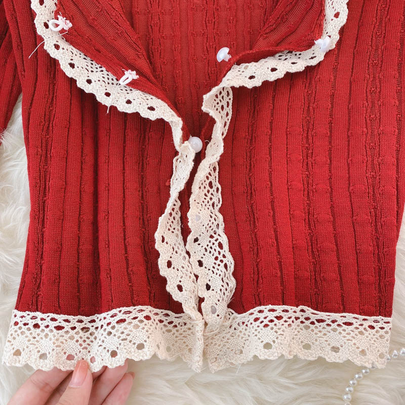 Vintage Knitted Top Women's autumn V-neck lace  1595