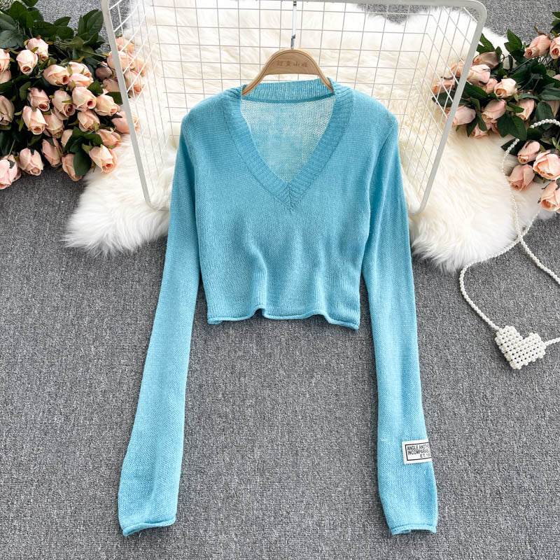 Solid V-neck slim high waist sweater female  1609