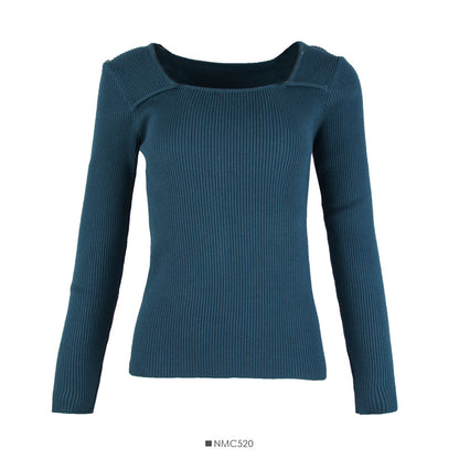 Solid color versatile low collar collarbone exposed long sleeve bottomed top  1813