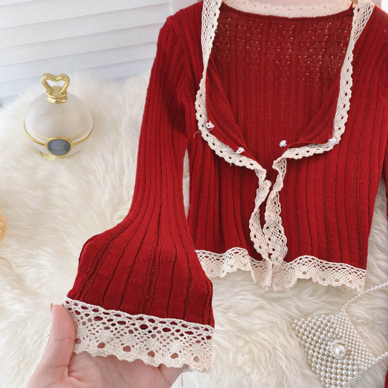 Vintage Knitted Top Women's autumn V-neck lace  1595
