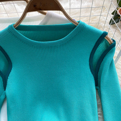 Knitted Blouse women's niche design hollow out color matching long sleeves  1588