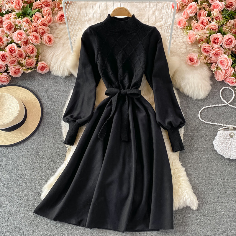 Fake two piece long sleeve knitted stitched corduroy A-line dress  3365