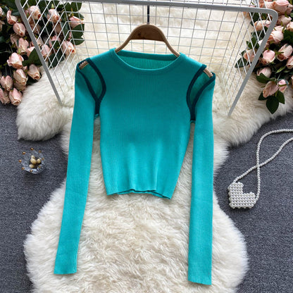 Knitted Blouse women's niche design hollow out color matching long sleeves  1588