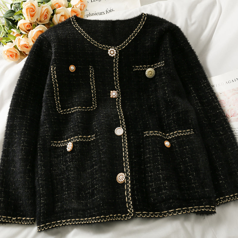 Bright silk Plaid round neck single breasted long sleeved sweater coat  1708