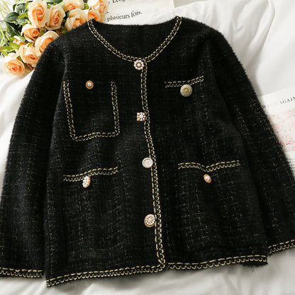 Bright silk Plaid round neck single breasted long sleeved sweater coat  1708