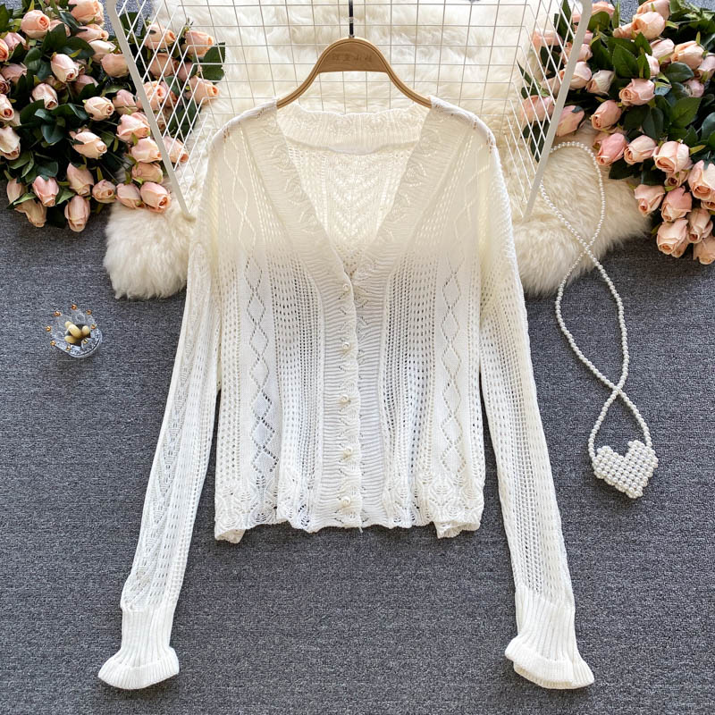 Gentle wind wear a vintage hook flower hollowed out knitted cardigan coat  1580