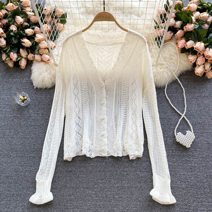 Gentle wind wear a vintage hook flower hollowed out knitted cardigan coat  1580