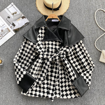 Diamond stitching contrast coat women's waist lace up design feeling high waist and thin  1487