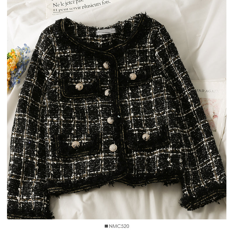 New coat round neck single breasted design Korean versatile Vintage Plaid knitted cardigan tassel  2090