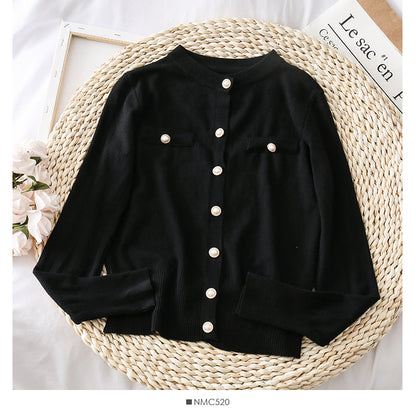 Round neck single row pearl button cardigan sweater coat  1865