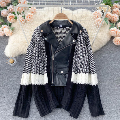 Korean leopard sweater stitched short lapel  1570