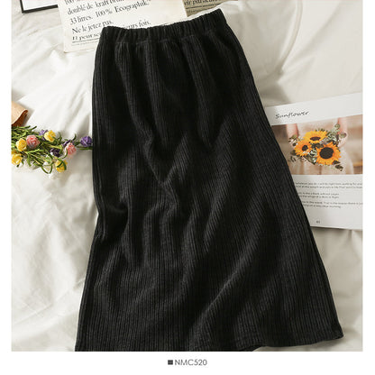 Hong Kong style retro vertical stripe elastic waist medium length skirt  2494