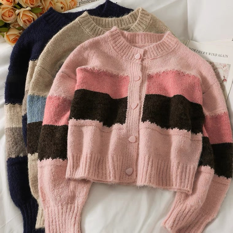 Short long sleeve single breasted knit, cardigan patchwork color sweater  1447