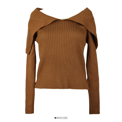 French minority design, one line shoulder with clavicle exposed, short long sleeve T-shirt  2083