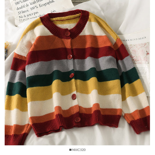 Elegant contrast color stitching stripe loose thin cardigan sweater  1980