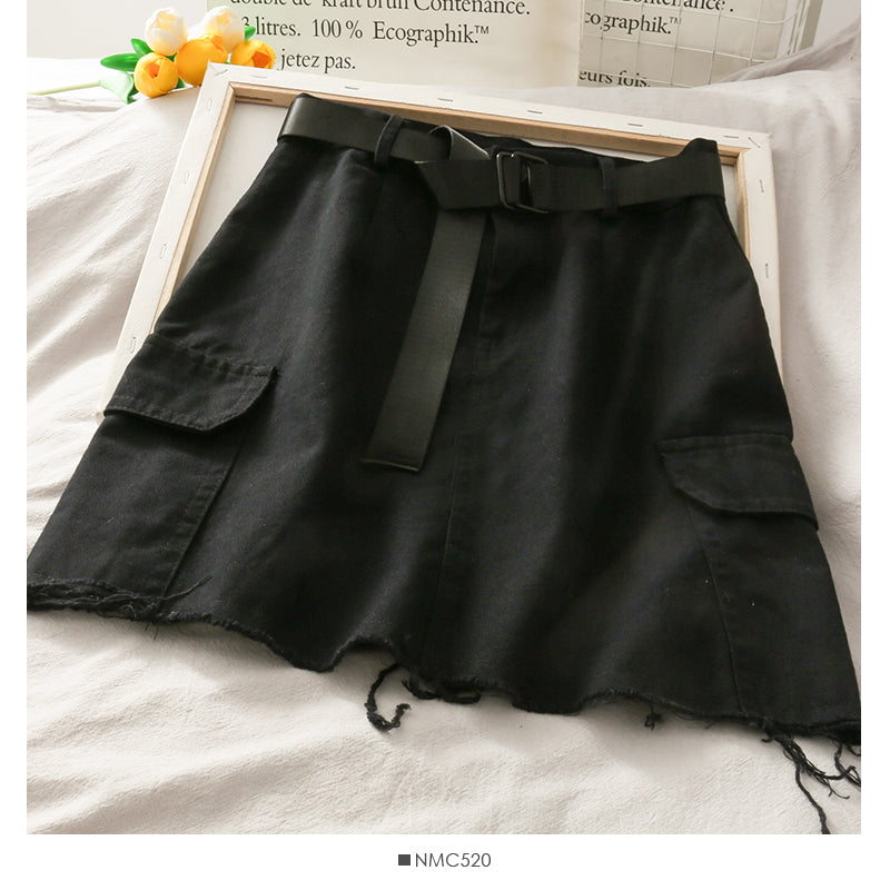 Versatile personalized large pocket skirt with rough edge  2652